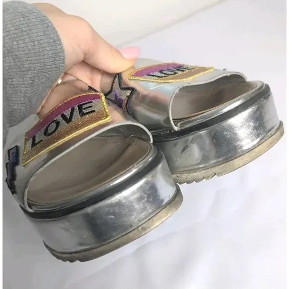 ALDO Silver Chrome Adjustable Strap Wedge Platform Sandals Sporty 2000s Pop 7.5 - Picture 5 of 7